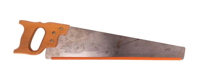 Rusted antique carpenters hand saw with wood handle isolated on white