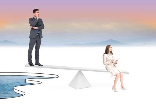 White scales weighing businessman and businesswoman over pool of water