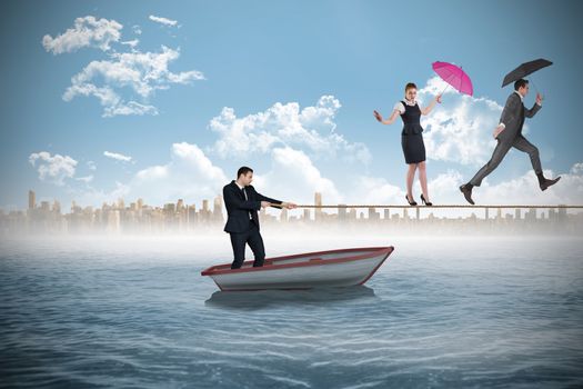 Young businessman pulling a tightrope for business people against white background with vignette