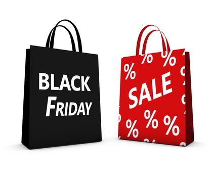 Black Friday shopping bags sale concept with sign and percent symbol isolated on white background.