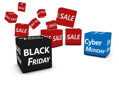 Cyber Monday and black Friday shopping sale concept with sign and text on bouncing black, red and blue cubes isolated on white background.