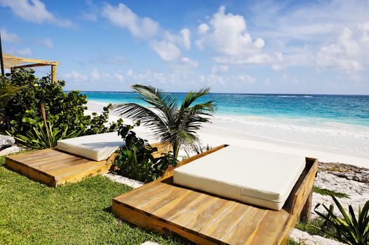 terrace of a cabana with a view of the beautiful beach of tulum yucatan mexico