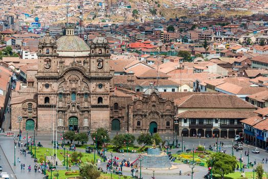 Cuzco, Peru - July 13, 2013: aerial view of the Plaza de Armas of Cuzco city in the peruvian Andes