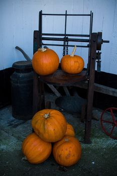 Pumpkins arranged on and around farm machinery in front of a wall.