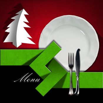 Red and green velvet background with geometric forms on black background with written menu, empty white plate with silver cutlery and stylized Christmas tree with shadows. Template for a Christmas food menu