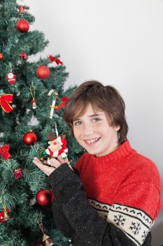 10-12, anticipation, backroud, ball, balls, boy, camera, casual, caucasian, christmas, christmastime, decorating, decorations, eyes, glass, green, holding, holiday, home, indoors, juice, look, looking, male, model, old, people, property, red, releases, situation, teenager, tree, vertical, white, years, put, putting, ornament,