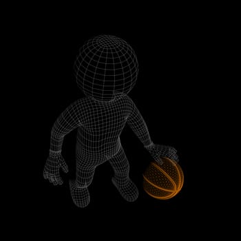 Wire-frame man gray with orange basket-ball, in motion, high angle. Isolated on black background