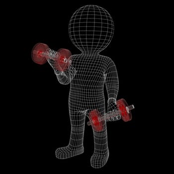 Wire-frame man, white with red matched dumbbells. Isolated on black background