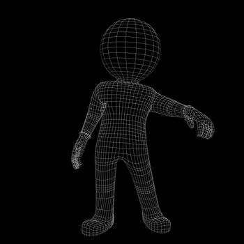 Wire-frame man, with one hand outstretched. Isolated on black background