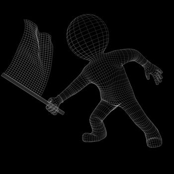 Wire-frame man weaving racing flag. Isolated on black background