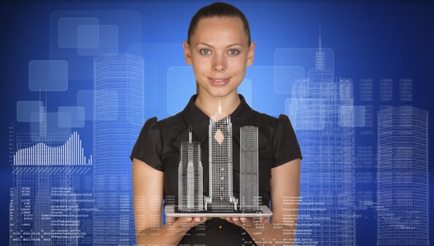 Beautiful businesswoman holding tablet pc serving as a stand for spatial layouts of buildings. Buildings, figures. letters and diagram as backdrop