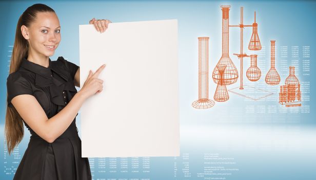 Beautiful businesswoman smiling and holding empty paper sheet. Laboratory flasks, figures and symbols as backdrop