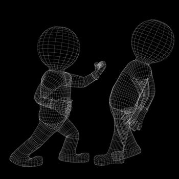 Two wire-frame men in single combat, punch and escape. Isolated on black background