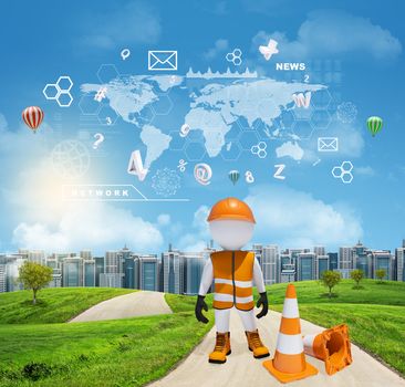 Three-dimensional man dressed as road worker standing on road running through green hills. City of tall buildings in background. World map and other virtual items in sky. Business concept.