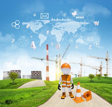 Three-dimensional worker dressed as road worker standing on road running through green hills. Cooling towers and cranes as backdrop. Charts and other virtual items in sky. Business concept