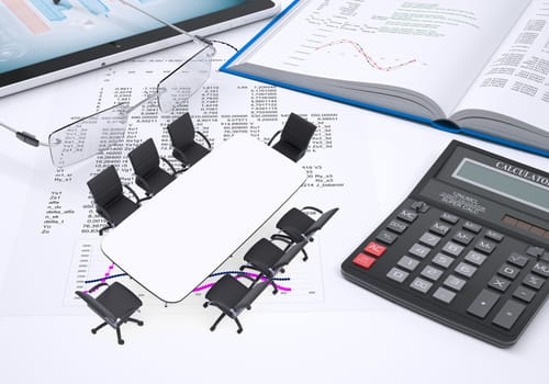 Miniature rectangle table with chairs, tablet pc, book, calculator and glasses, all on paper with columns of figures. Business concept.