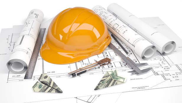 Hard hat, calipers, dollars folded in paper planes, architectural drawings. Concept of building business