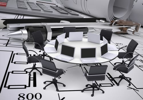 Miniature round table with laptops on it and chairs around, drawing compasses, placed on spread technical drawing. Construction business concept