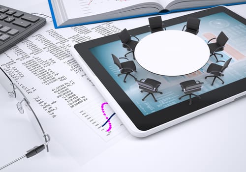 Miniature round table with chairs placed on tablet pc, book, calculator and glasses, all on paper with columns of figures. Business concept.