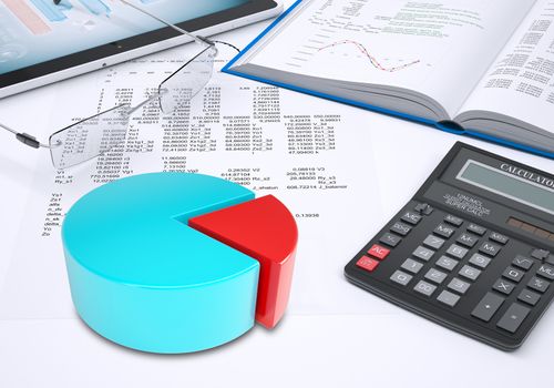 Pie chart, tablet pc, book, calculator and glasses placed on paper with columns of figures. Business concept.