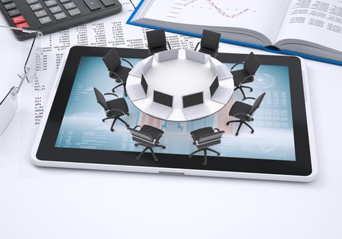 Miniature round table with laptops on it and chairs, placed on tablet pc, book, calculator and glasses, all on paper with columns of figures. Business concept.