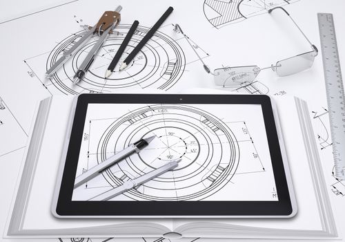 Tablet pc, drawing compasses, pencil, glasses and ruler placed on spead technical drawing. Screen of pc shows part of same drawing.
