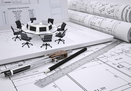 Miniature round table with laptops on it and chairs around, drawing compasses, placed on spread architectural drawing. Construction business concept