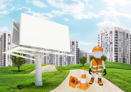 Three-dimensional man dressed as road worker standing by blank billbord and traffic cones on road through green hills. High-rise buildings as backdrop. 