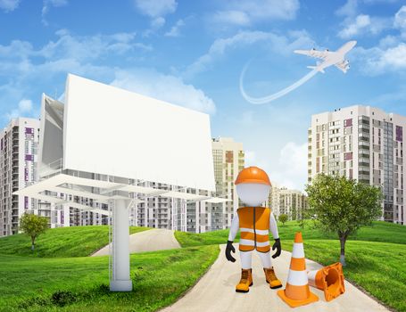 Three-dimensional man dressed as a road worker standing by blank billbord and traffic cones on road through green hills. High-rise buildings with jet lowering above as backdrop