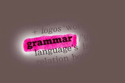 Grammar Dictionary Definition closeup highlighted in pink