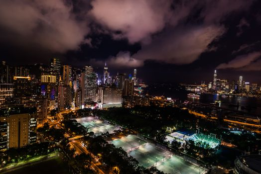 cityscape at night on Victoria Park Causeway Bay in Hong Kong
