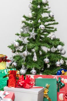 balls, beautiful, box, celebration, christmas, colorful, decorate, decorated, decoration, festive, gift, gifts, gold, golden, green, holiday, lights, model, new, ornament, pine, present, presents, property, red, releases, ribbon, shiny, star, studio, tree, vertical, white, winter, xmas, year