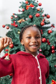 4-6, african, apartment, balls, bell, black, celebration, cheerful, child, childhood, christmas, cute, decoration, decorations, festive, festivity, girl, happy, home, house, household, joyful, kid, life, little, living, model, old, one, person, portrait, pretty, property, red, releases, room, smile, smiling, sweater, time, tree, vertical, xmas, years, young