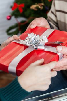 35-40, box, celebrate, celebration, christmas, clause, closeup, december, decorated, decoration, father, female, festive, finger, gift, give, giving, hand, hands, hold, holding, model, old, package, palm, present, property, red, release, small, surprise, thumb, tradition, traditional, two, vertical, white, woman, xmas, years