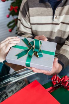 35-40, box, caucasian, celebrate, celebration, christmas, clause, closeup, december, decorated, decoration, father, female, festive, finger, gift, give, giving, hand, hands, hold, holding, model, old, package, palm, present, property, red, release, small, surprise, thumb, tradition, traditional, two, white, woman, xmas, years, gray, green, vertical