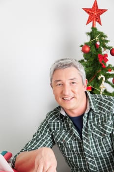 35-40, adult, at, baubles, camera, caucasian, celebrating, cheerful, christmas, decorations, enjoy, festive, festivity, happy, holding, holidays, home, horizontal, house, household, joyful, leisure, life, lifestyle, living, looking, merry, model, old, pleasure, portrait, property, release, room, sitting, smile, smiling, table, tree, years