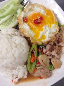 closed up  Rice topped with stir-fried pork and basil with fried egg