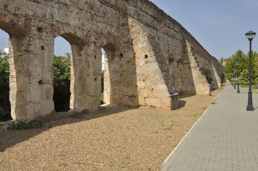 Remains of an ancient Roman aqueduct in Merida, Spain