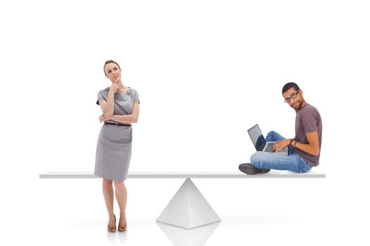 White scales measuring businesswoman and man on white background