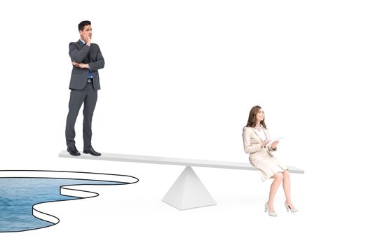 White scales measuring business people over pool of water