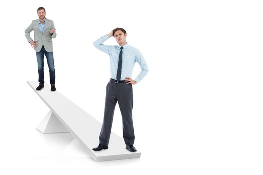 White scales weighing businessmen on white background