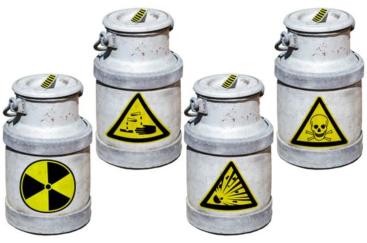 Four barrels with hazardous waste. Barrels marked by symbols.