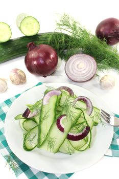 Cucumber salad with red onions and dill on a plate