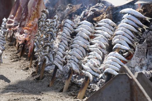 spanish typical sardines espeto cooking in Malaga