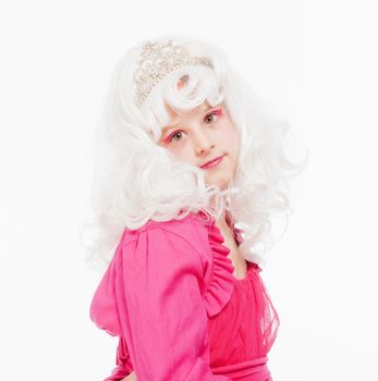 Young Girl in White Wig and Diadem Posing as Princess