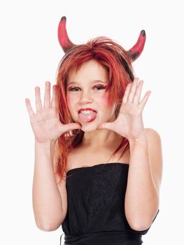 Portrait of a Young Girl in Wig Posing as a Devil
