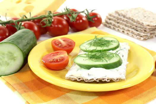 Crispbread with cream cheese, cucumber and dill on a bright background