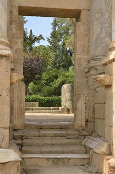 Gate to the gardens in  in the Roman Theatre of Merida. The theatre is located in the archaeological ensemble of Merida, one of the largest and most extensive archaeological sites in Spain.
