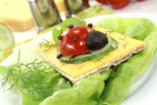 Crispbread with cheese and ladybug on a light background