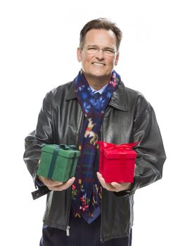 Handsome Man Wearing Black Leather Jacket and Holiday Scarf Holding Christmas Gifts Isolated on White Background.